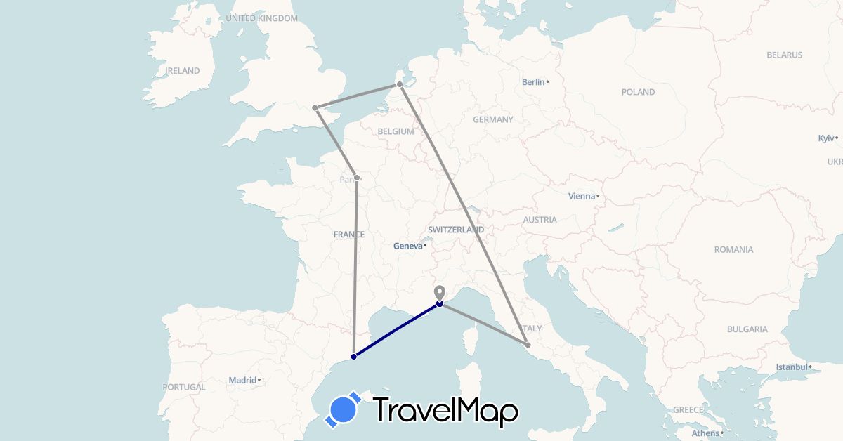 TravelMap itinerary: driving, plane in Spain, France, United Kingdom, Italy, Netherlands (Europe)